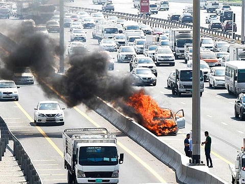 Car on fire in Al Khail Road in Dubai.