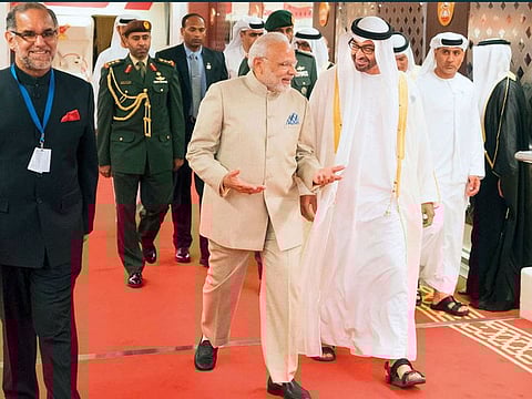 His Highness Sheikh Mohamed Bin Zayed Al Nahyan, Crown Prince of Abu Dhabi and Deputy Supreme Commander of the UAE Armed Forces and Indian Prime Minister Narendra Modi in Abu Dhabi