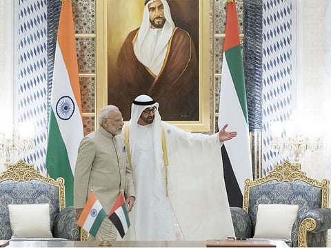 Sheikh Mohamed Bin Zayed Al Nahyan with Narendra Modi at the Presidential Palace in Abu Dhabi during Modi’s visit to the UAE in February 2018.
