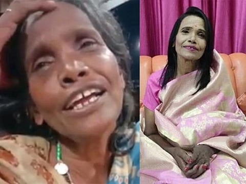 Two phases of life: Left, Ranu Mandol during her train singing days and, right, after the makeover