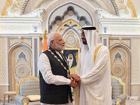 Indian Prime Minister Narendra Modi conferred with the prestigious ‘Order of Zayed’ by Shekh Mohamed, the highest civilian honor of UAE for the PM's contribution in strengthening relations between India and UAE.