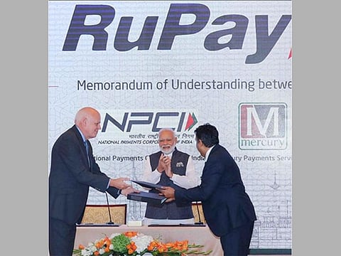 Indian Prime Minister Narendra Modi witnesses the launch of RuPay card in the UAE on August 24, 2019 at the Emirates Palace, Abu Dhabi.