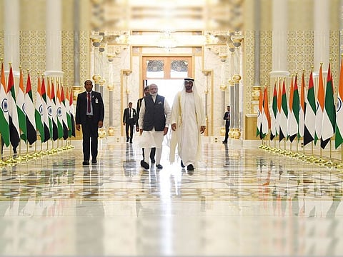 Highness Sheikh Mohamed Bin Zayed Al Nahyan, Crown Prince of Abu Dhabi and Deputy Supreme Commander of the UAE Armed Forces, welcomes Indian PM Narendra Modi at the Presidential Palace in Abu Dhabi on Saturday.