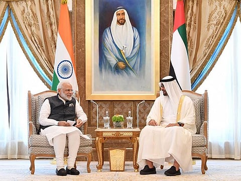 Highness Sheikh Mohamed Bin Zayed Al Nahyan, Crown Prince of Abu Dhabi and Deputy Supreme Commander of the UAE Armed Forces, welcomes Indian PM Narendra Modi at the Presidential Palace in Abu Dhabi.