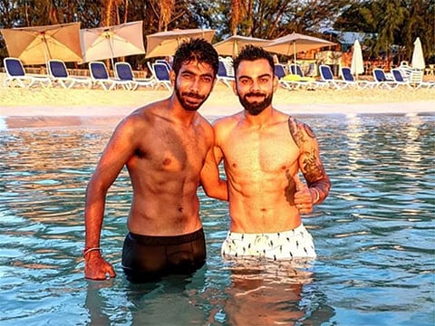 Jasprit Bumrah with Virat Kohli at the Jolly beach in Antigua.