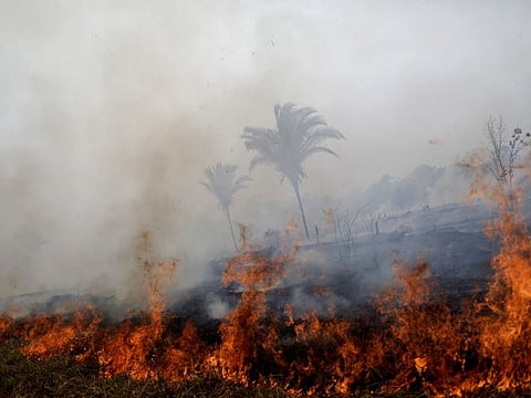A tract of the Amazon jungle burns as it is cleared by loggers and farmers in Porto Velho, Brazil on August 24, 2019.