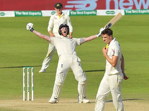 England's Ben Stokes celebrates hitting the winning runs on the fourth day of the third Ashes Test match against Australia at Headingley.