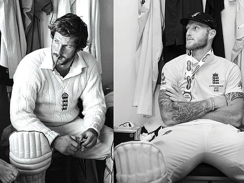Ian Botham (Left) after his match-winning century in 1981 Headingley Test & Ben Stokes at the dressing room after the Test on Sunday.