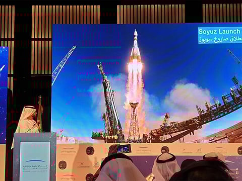 A presentation in Dubai showing a previous launch of the Soyuz rocket. The Soyuz rocket is used for both cargo and astronaut transportation, and is best known today for being the main form of transportation to the International Space Station.