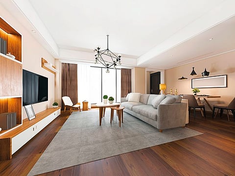 A professionally rendered transitional room embraces neutral palettes and understated elegance