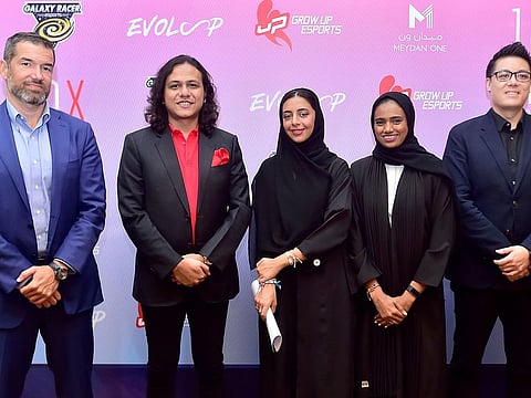 (From left) Konstantinos Michail (Director of Speciality Leasing at Meydan One), Paul Roy (CEO, Galaxy Racer ESports) Ayesha Bin Kalli (10X Media), Maitha Shuaib (Director of Corporate Communication, Dubai Ladies Club) and Fernando Pereira (President, Grow Up eSports) at the 2019 GIRLGAMER Esports Festival World Finals Dubai press conference at Meydan Hotel, Dubai on 27th August, 2019.