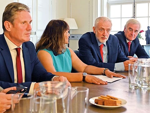 Labour Party leader Jeremy Corbyn with members of his shadow cabinet in Portcullis House, London.