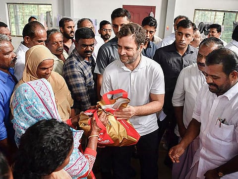 Former Congress president Rahul Gandhi visits a flood relief camp at St.Thomas Church, Chungam Thalappuzha Village, Wayanad.