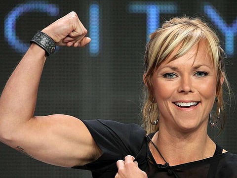 In this file photo taken on August 01, 2012 Professional racer Jessi Combs speaks at the 'Overhaulin' discussion panel during the Discovery Networks/Velocity portion of the 2012 Summer Television Critics Association tour at the Beverly Hilton Hotel in Los Angeles, California.