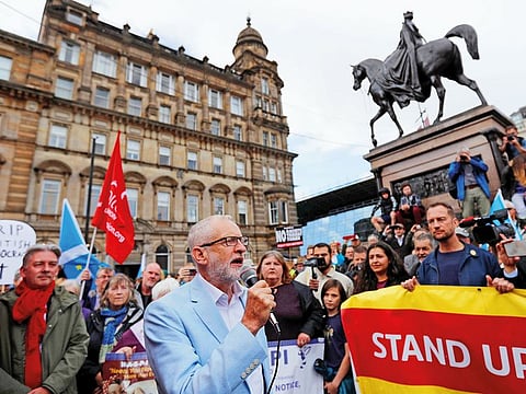 Britain’s opposition Labour Party leader Jeremy Corbyn speaks during an anti-Brexit demonstration at George Square in Glasgow, Scotland.