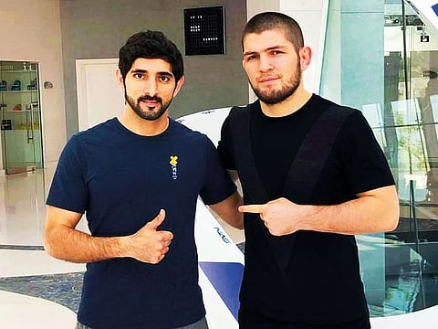 Sheikh Hamdan Bin Mohammed Bin Rashid Al Maktoum, Crown Prince of Dubai, shares a moment with UFC lightweight champion Khabib Nurmagomedov. Khabib meets American Dustin Pirier in a UFC 242 title fight at the YAS Arena in Abu Dhabi on Saturday.