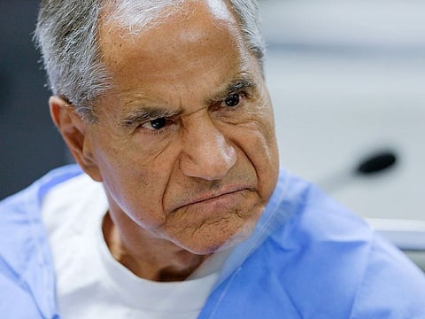 Sirhan Sirhan reacts during a parole hearing at the Richard J. Donovan Correctional Facility in San Diego