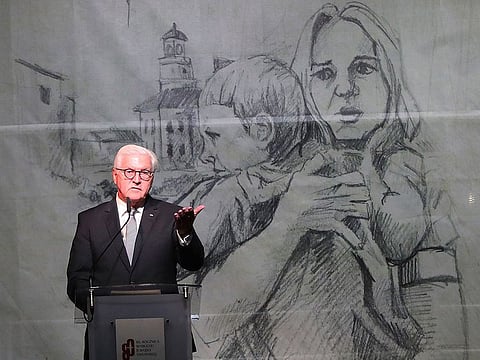 German President Frank-Walter Steinmeier speaks at the commemoration ceremony of the 80th anniversary of the start of World War II, in Wielun, Poland, Sunday, Sept. 1, 2019.