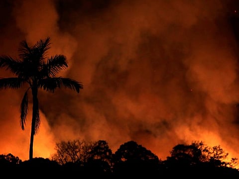A fire burns a tract of Amazon jungle as it is cleared by loggers and farmers near Porto Velho, Brazil, on August 31, 2019.