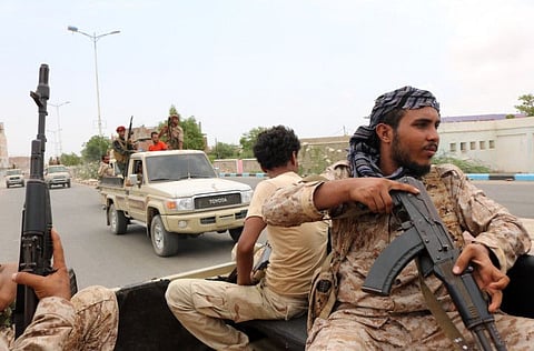 Yemeni Amalqa ("Giants") brigades fighters patrol in the streets of the city of Zinjibar in south-central Yemen, in the Abyan Governorate, on September 2, 2019.