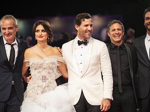 Venice: Actors Wagner Moura, from right, Gael Garcia Bernal, Edgar Ramirez, Penelope Cruz and director Olivier Assayas pose for photographers upon arrival at the premiere of the film 'Wasp Network' at the 76th edition of the Venice Film Festival, Venice, Italy, Sunday, Sept. 1, 2019.