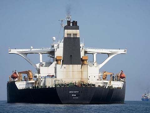 In this Aug. 17, 2019 file photo, the super tanker Adrian Darya 1, formerly known as the Grace 1 sails in the British territory of Gibraltar.