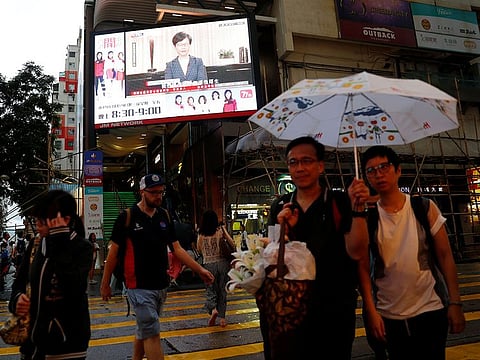 A news conference of Hong Kong's Chief Executive Carrie Lam is televised in Hong Kong, China.