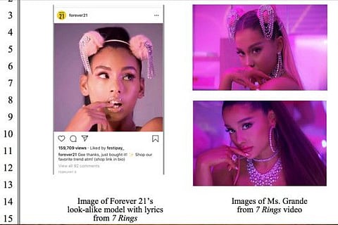A picture of a model on the Instagram account of fashion retailer Forever 21 is seen alongside images of pop star Ariana Grande in a screenshot of a legal complaint filed in U.S. District Court in Los Angeles, California, U.S., obtained on September 3, 2019. Court Filing from PACER (U.S. Dist. Court C.D. Cal.) via REUTERS NO RESALES. NO ARCHIVES. THIS IMAGE HAS BEEN SUPPLIED BY A THIRD PARTY.