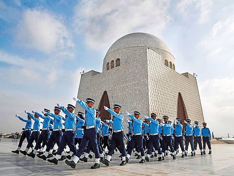 Air Force cadets march outside the mausoleum of Pakistan’s founder Mohammad Ali Jinnah to celebrate Defence Day, which marks the anniversary of the country’s second war with India between August and September 1965.
