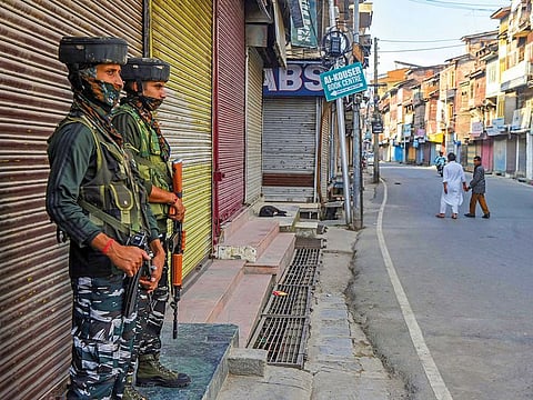 Security personnel during the shutdown in Srinagar. India imposed a clampdown in Kashmir in early August.