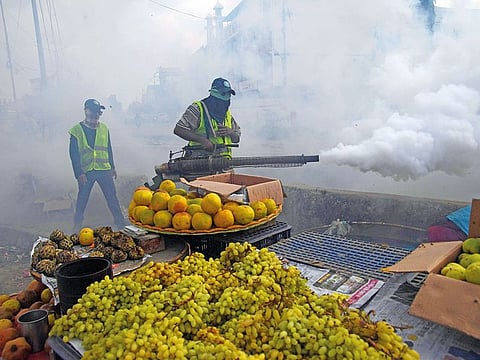 A municipal worker fumigates against flies and mosquitoes on a street in Karachi.