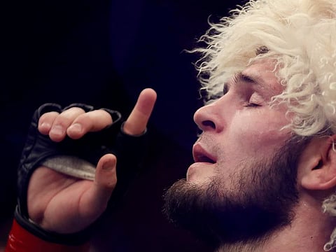 Khabib Nurmagomedov gestures to show who is the number one fighter after Abu Dhabi bout.