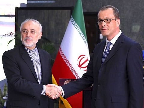 Ali Akbar Salehi (left) shakes hands with Cornel Feruta.