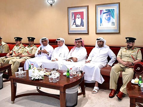 Major General Khalil Ebrahim Al Mansouri, Assistant Commander-in-Chief, Criminal Investigation Affairs, Dubai Police addressing with other officers