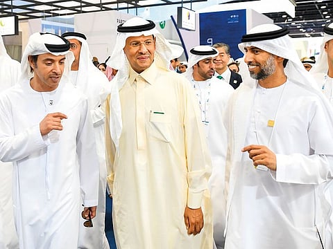 (From left) Sheikh Hazza Bin Zayed Al Nahyan, Deputy Chairman of Abu Dhabi Executive Council, Saudi Arabia’s Energy Minister Prince Abdulaziz bin Salman and UAE’s Minister of Energy and Industry Suhail Al Mazroui, Al Jaber and other officials at the opening of the 24th World Energy Congress in Abu Dhabi