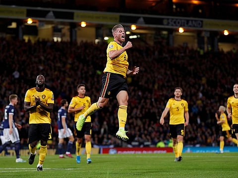 Belgium's Toby Alderweireld celebrates scoring their third goal.