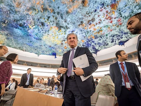 Pakistani Foreign Minister Shah Mehmood Qureshi leaves after addressing the United Nations Human Rights Council on September 10, 2019 in Geneva.