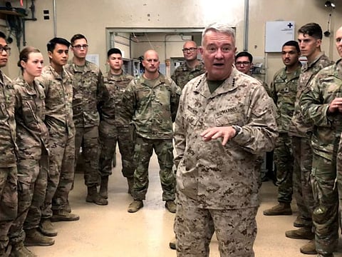 Marine General Kenneth McKenzie, head of U.S. Central Command, speaks with U.S. troops while visiting Forward Operating Base Fenty in Jalalabad, Afghanistan, September 9, 2019