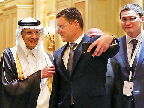 Saudi Arabia’s Energy Minister Prince Abdul Aziz Bin Salman and Russia’s Energy Minister Alexander Novak and take a selfie at the joint Ministerial Monitoring Committee in Abu Dhabi