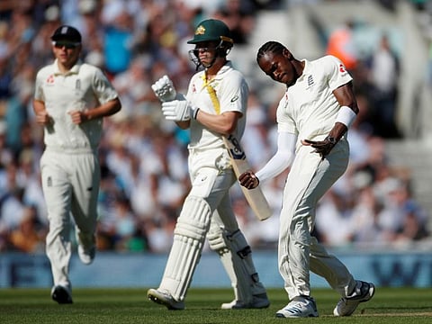 England's Jofra Archer celebrates the wicket of Australia's Marcus Harris