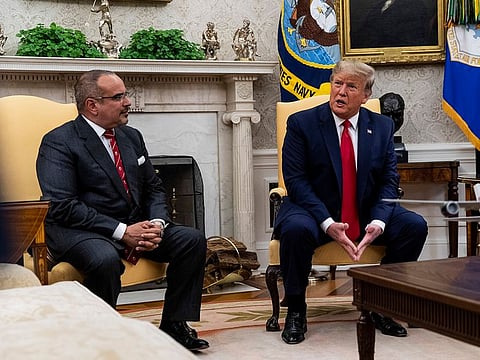 President Donald Trump with Prince Prince Salman Bin Hamad Bin Isa Al Khalifa of Bahrain during a meeting in the Oval Office of the White House in Washington, September 16, 2019.