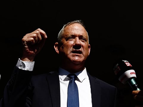 Benny Gantz, leader of the Blue and White party, gives a statement after voting, in Rosh Haayin, Israel, on Tuesday, Sept. 17, 2109. Israel heads into Tuesday’s election do-over a fiercely divided nation, with no definitive sign whether Prime Minister Benjamin Netanyahu will retain his grip on power. Photographer: Kobi Wolf/BloombergBenny Gantz
