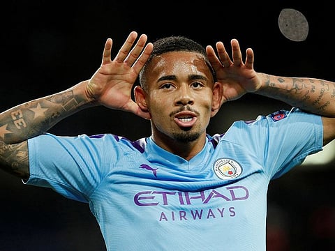 Manchester City's Gabriel Jesus celebrates scoring their third goal.
