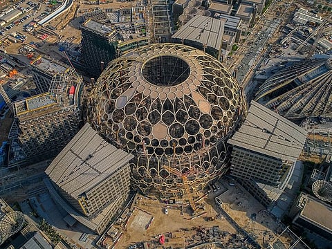 An aerial view taken after the recent crowning of Al Wasl dome shows the progress of construction at the Expo 2020 site in Dubai