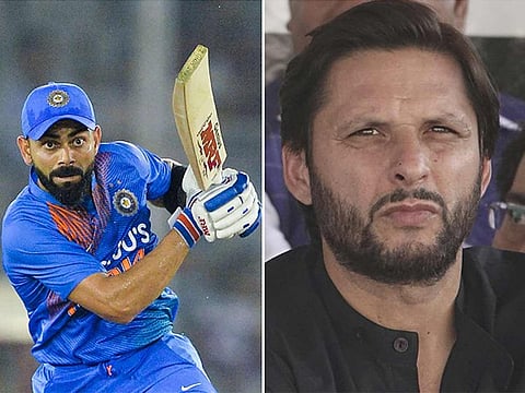 A combination photo showing Virat Kohli, left, and Shahid Afridi