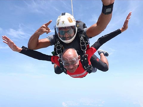 Sushil Kumar during his tandem skydive at Skydive Dubai’s Palm Dropzone