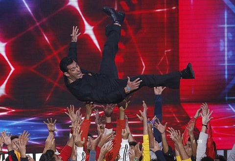 Bollywood actor Salman Khan performs during the 20th International Indian Film Academy (IIFA) awards ceremony in Mumbai, India, Thursday, Sept. 19, 2019.(AP Photo/Rafiq Maqbool)