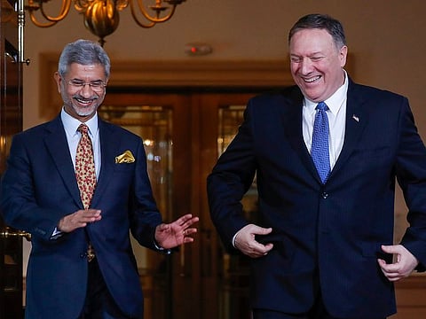 Secretary of State Mike Pompeo, right, walks out with Indian counterpart Subrahmanyam Jaishankar, at the US State Department in Washington, Monday, Sept. 30, 2019.