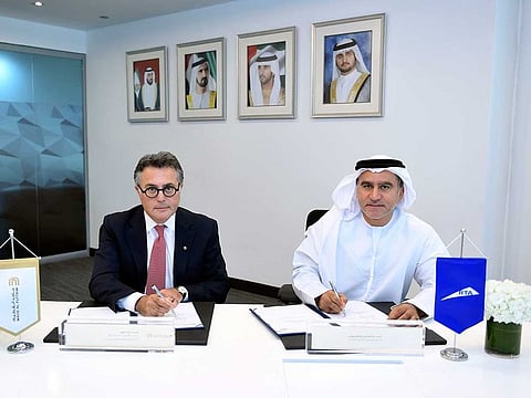 Abdul Mohsen Ibrahim Younes, CEO of the Rail Agency at the RTA and Ghaith Shocair, CEO of MAF Shopping Centres at the signing of the MOU in Dubai.
