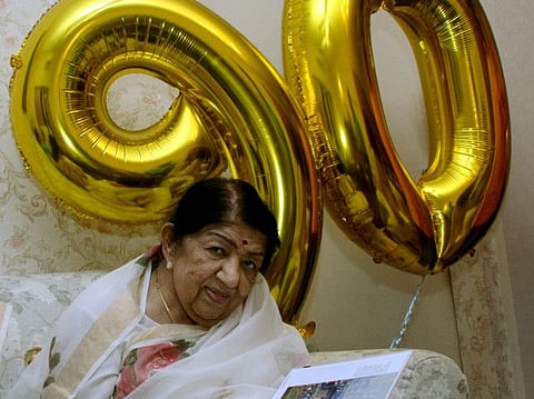 Mumbai: Bharat Ratna Lata Mangeshkar during a book release function at her residence. in Mumbai, Sunday, Sep 29, 2019. (PTI Photo) (PTI9_29_2019_000215B)